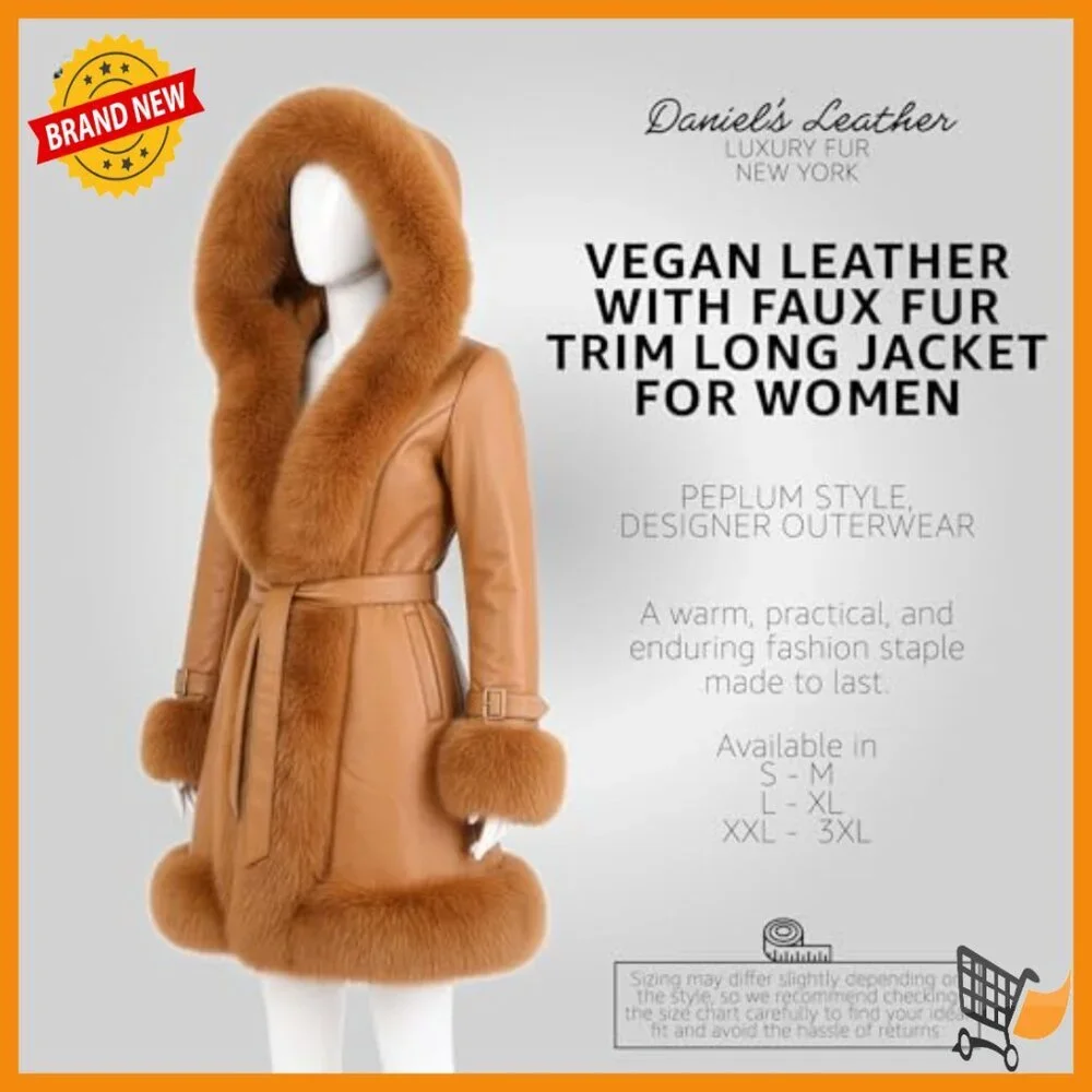 Vegan Leather Belted A Line Winter Coat with Faux Fur Trim Hood